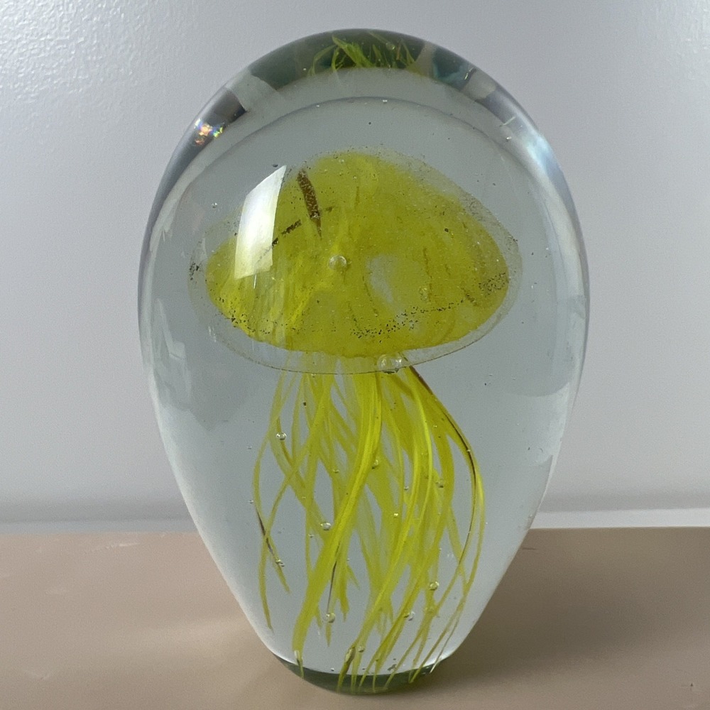Handblown Paperweight  Glass Yellow Jelly Fish Bubbles 5.5" Paper Weight